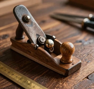 Bancada de madeira rústica com plaina e ferramentas antigas