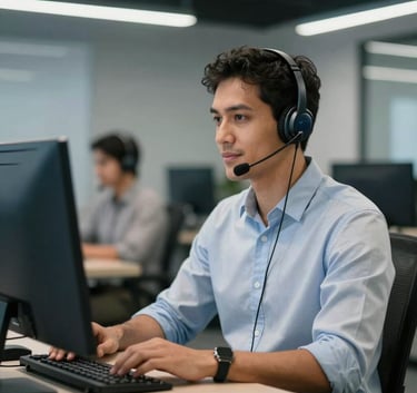 A professional South American / Brazilian customer support expert wearing a high-end headset, working in a modern, efficient office environment with steel blue and light gray accents, soft professional lighting.