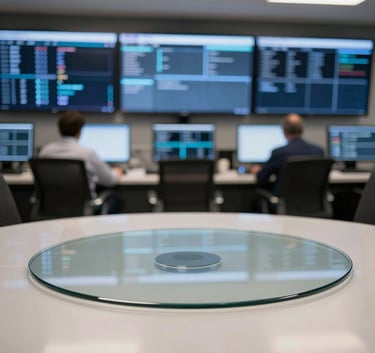 A high-tech corporate command center in São Paulo, featuring blurred digital screens in the background and a sleek, minimalist glass table in the foreground, lighting in muted blue and off-white tones.
