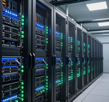 Photography of a high-tech data center interior with rows of servers, illuminated by steel blue and mint green lights, professional South American environment.