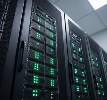 Professional high-quality photography of a modern server room with glowing mint green LED indicators, low angle shot, South American data center environment.