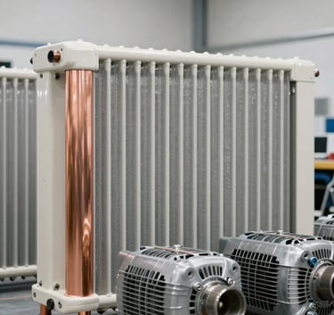 A modern industrial photography shot of copper radiators and steel alternators neatly organized in a bright North American recycling facility. The palette uses off-white and light grey tones for a clean, efficient look.