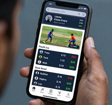 A close-up of a modern smartphone held by a person in a South Asian setting, displaying a professional sports betting interface with live cricket scores and odds, in sharp focus with a steel blue blurred background.