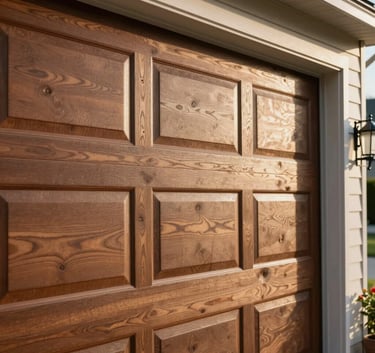 A close-up of a high-quality wood grain garage door panel being fitted into place, North American / US suburban setting, warm afternoon light, detail on craftsmanship.