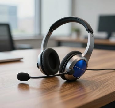 Close-up of a modern high-end tele-servicing headset resting on a polished wooden desk. The background features a soft-focus professional office in a South American business district, bathed in gentle natural morning light with accents of steel blue and light grey.