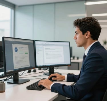 A professional South American person in business attire working efficiently at a modern desk with dual monitors. The lighting is bright and airy, showing a clean, high-tech Brazilian corporate interior with light steel blue walls.