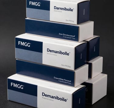 A studio product photograph of stacked premium pharmaceutical cartons and FMCG packaging boxes in dark navy and white, clean lines, professional studio lighting, emphasizing quality.