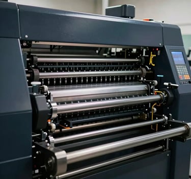 A high-end industrial offset printing press in mid-operation, captured in a clean facility with dark navy and steel components, bright professional lighting, showcasing advanced technology.