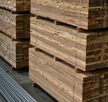 A clean warehouse shot featuring organized stacks of high-quality plywood and steel rods, shot with professional lighting and muted forest green tones.