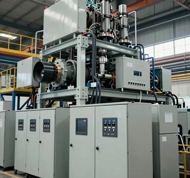 A wide-angle shot of large-scale mechanical machinery and integrated electrical panels inside an Indonesian industrial plant. The environment is orderly and high-tech, shot with natural professional lighting, showcasing a focus on innovation.