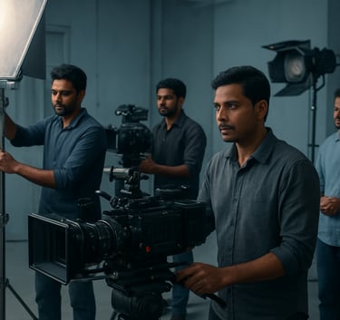 A professional film set in an Indian studio, South Asian / Indian technicians operating high-end cameras and lighting equipment, sophisticated atmosphere, colors include muted blue and light grey.