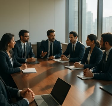 A wide-angle shot of a bright, modern corporate boardroom in Mumbai, South Asian / Indian business professionals in formal attire discussing strategy, sunlight streaming through large windows.