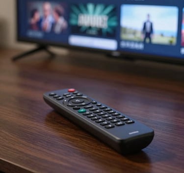 A close-up of a sleek, modern television remote resting on a polished dark wood table, with a glowing screen in the background showing a menu of global movies, elegant and sophisticated atmosphere.