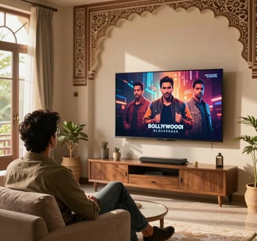 A person sitting comfortably in a stylish living room with Global / Indian-influenced architecture, watching a Bollywood blockbuster on a wall-mounted smart TV, warm sunlight filtering through large windows.