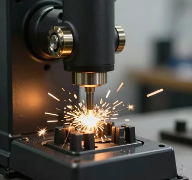 A high-precision car key cutting machine in a modern workshop, metallic textures, sparks, professional environment, color palette of black and gold (#1A1A1A, #A87C3D).