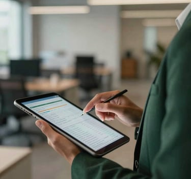 A photograph showing a detailed view of a professional analyzing data on a tablet, wearing a dark forest green blazer, with a blurred background of a modern office space.