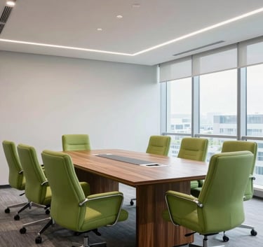 A professional wide-angle shot of a modern, brightly lit executive meeting room with slate green accents on the chairs and a polished wood table reflecting soft office lighting.