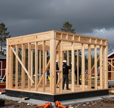 A professional wide shot of a timber house frame being precisely erected by specialists in a Northern European / Finnish landscape. The light-colored wood contrasts against a deep charcoal sky. Bright orange professional tools are placed neatly in the foreground. The composition is balanced and conveys high-quality workmanship.