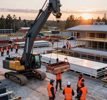 A high-angle professional photography of a modern Northern European / Finnish construction site at sunrise. Workers in high-visibility bright orange vests are orchestrating a heavy lift. The environment is clean and organized, with deep charcoal machinery and soft off-white materials reflecting the morning light. High-end, dynamic atmosphere.