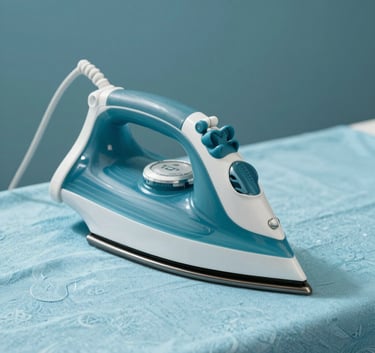 A professional steam iron gliding over a delicate fabric, clean environment, aqua blue tones, professional photography, Southern European / Corsica.