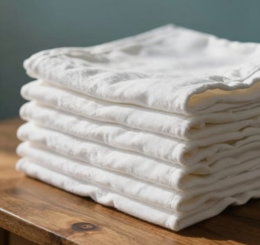 Close-up photography of a stack of folded, crisp white linens on a wooden table, soft morning sunlight, calming teal blue background, Southern European / Corsica.
