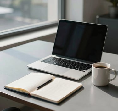 A professional North American office desk featuring a modern laptop, a clean notebook, and a ceramic coffee mug, natural sunlight streaming through a large window, slate blue and light gray accents.