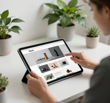 A professional person in a bright North American creative studio reviewing website designs on a large tablet, clean and airy composition with emerald green plant accents.