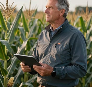 A professional portrait of a North American agricultural expert in Huron County standing in a sustainable cornfield, wearing professional outdoor attire and holding a tablet.