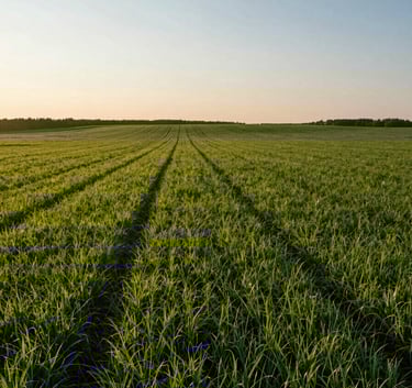 A wide-angle landscape of a fertile North American farm in Huron County during the golden hour, with long shadows across lush green fields and a clear sky, conveying a sense of peace and potential.