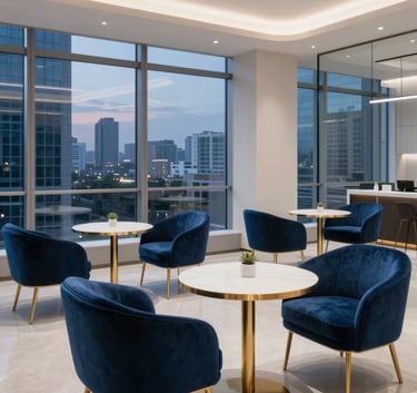 A wide shot of a minimalist, modern corporate lounge with royal blue velvet chairs, gold-trimmed tables, and large windows looking over a city at dusk. Sophisticated and high-end lighting.