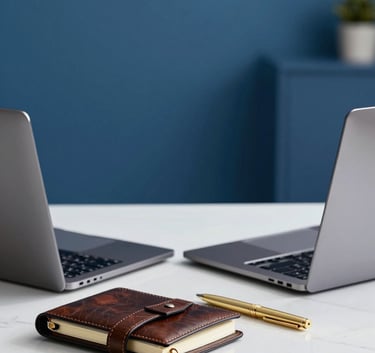 Professional setting showing a clean white marble desk with a slim laptop, a leather planner, and a gold pen. The background features a soft-focus royal blue office wall.