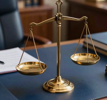 A close-up of a professional desk in a South Asian / Pakistani legal office, featuring a golden scales of justice and law books, evoking deep blue and antique gold tones.