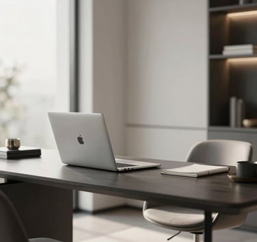 A high-end, minimalist home office in a modern Middle Eastern setting, featuring a sleek desk, premium silver laptop, and soft morning light, creating a professional atmosphere.