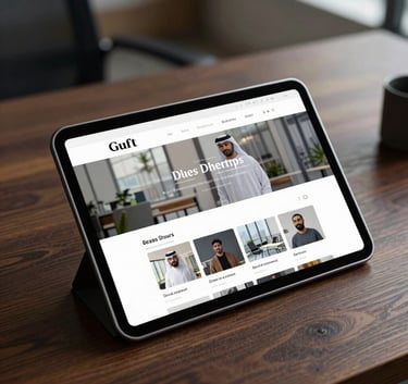 Close-up of a high-resolution tablet displaying a modern website layout on a dark wooden desk in a professional Gulf region business suite.