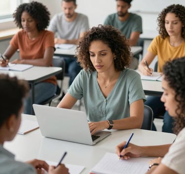 A diverse group of adults in a bright, modern classroom setting in Brazil, engaged in a collaborative learning activity, professional and clean style.