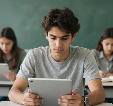 A professional South American student focused on a digital tablet in a clean, modern learning environment, light gray and forest green color palette.