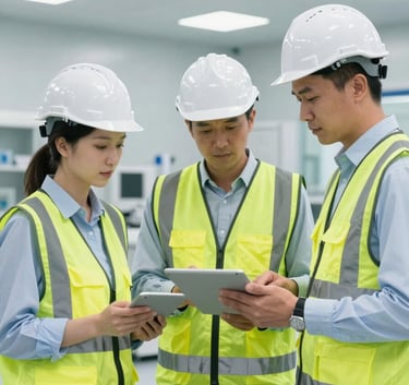 A professional portrait of project managers in safety vests and hardhats reviewing digital tablets inside a modern North American pharmaceutical facility, bright clean lighting, clinical and high-tech environment.
