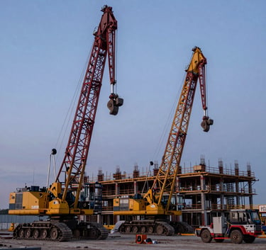 Wide-angle photography of a large-scale industrial construction site in Canada at dawn, featuring heavy machinery and structured steel framing under a muted blue sky, conveying efficiency and precision.