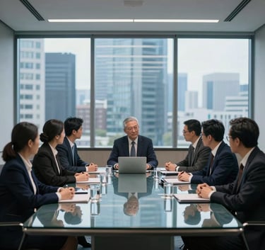 A sophisticated executive meeting room in an International Business hub with a glass table reflecting a faint blue light. Wide composition with professional atmosphere and dark navy and bright blue accents.
