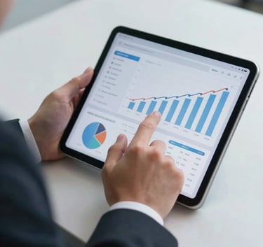 A close-up of a professional hand in business attire interacting with a sleek tablet showing real-time growth analytics. International Business setting with bright, clean lighting and light gray background.