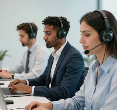 A diverse South American / Brazilian professional team in a modern, bright office working with headsets, blurred background of a clean workspace, soft light blue and white palette.