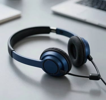 Professional close-up of a high-tech communication headset on a clean desk, soft navy blue and slate grey tones, South American / Brazilian office setting, cinematic lighting.