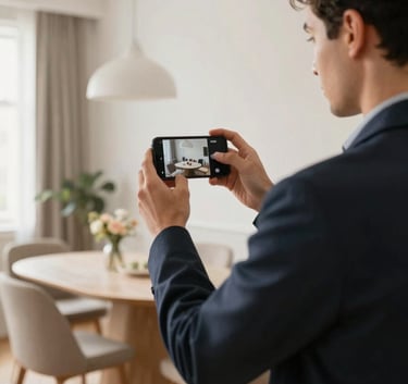 A professional inspector holding a modern smartphone, recording a video walkthrough of a stylish dining area. The scene is bright and airy with warm off-white and soft tan decor, conveying empathetic efficiency and modern trust.