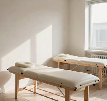 An interior shot of a contemporary physiotherapy clinic in France, featuring minimalist design, professional treatment tables, light wood accents, and soft, natural morning light.