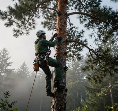 A professional arborist in dark green protective gear using climbing ropes to scale a tall pine tree in a Central European / Polish park, cinematic lighting with morning mist, emphasizing precision and safety.