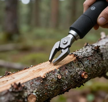 Detailed close-up of a precision cut on a tree branch using professional arborist tools, focusing on clean wood texture and healthy tree care, natural daylight in a Central European / Polish forest setting.