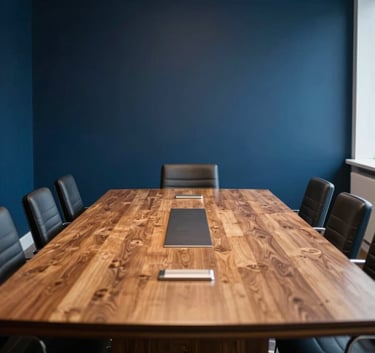 A high-end professional boardroom in London with dark blue walls, a large oak table, and soft warm lighting, reflecting a trustworthy and forward-thinking financial firm.