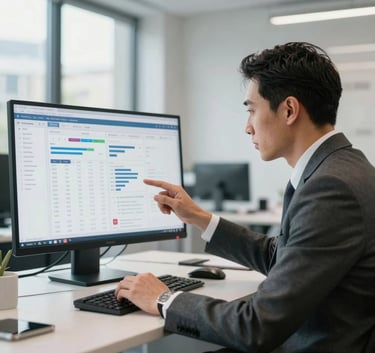 A sophisticated financial advisor in a tailored suit reviewing digital portfolio data in a bright, modern London office space, highlighting professionalism and client focus.