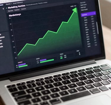A close-up photograph of a professional laptop screen displaying a digital marketing analytics dashboard with green upward trends and purple accents.