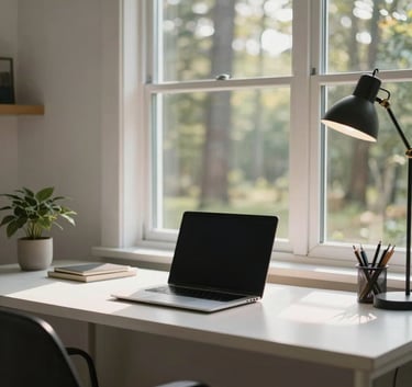 A bright, modern home office in North America with a clean desk, a laptop, and a view of Michigan woods through a window, soft morning sunlight, professional photography.